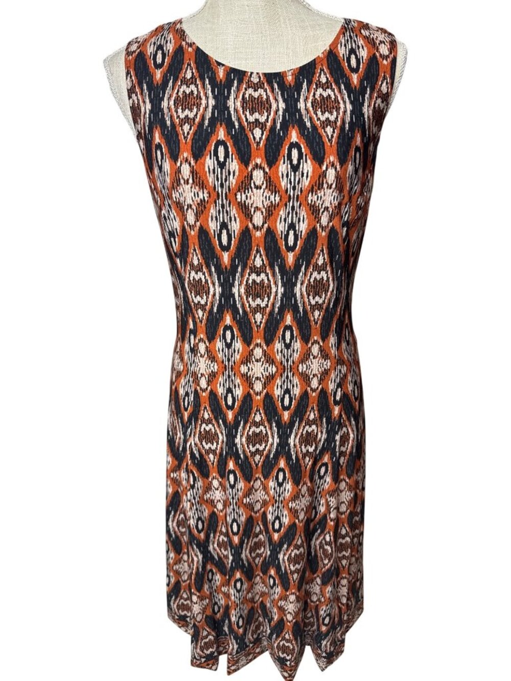 Danny & Nicole Sleeveless Dress Size 16 Ikat Print Orange Black White Knee Lengt